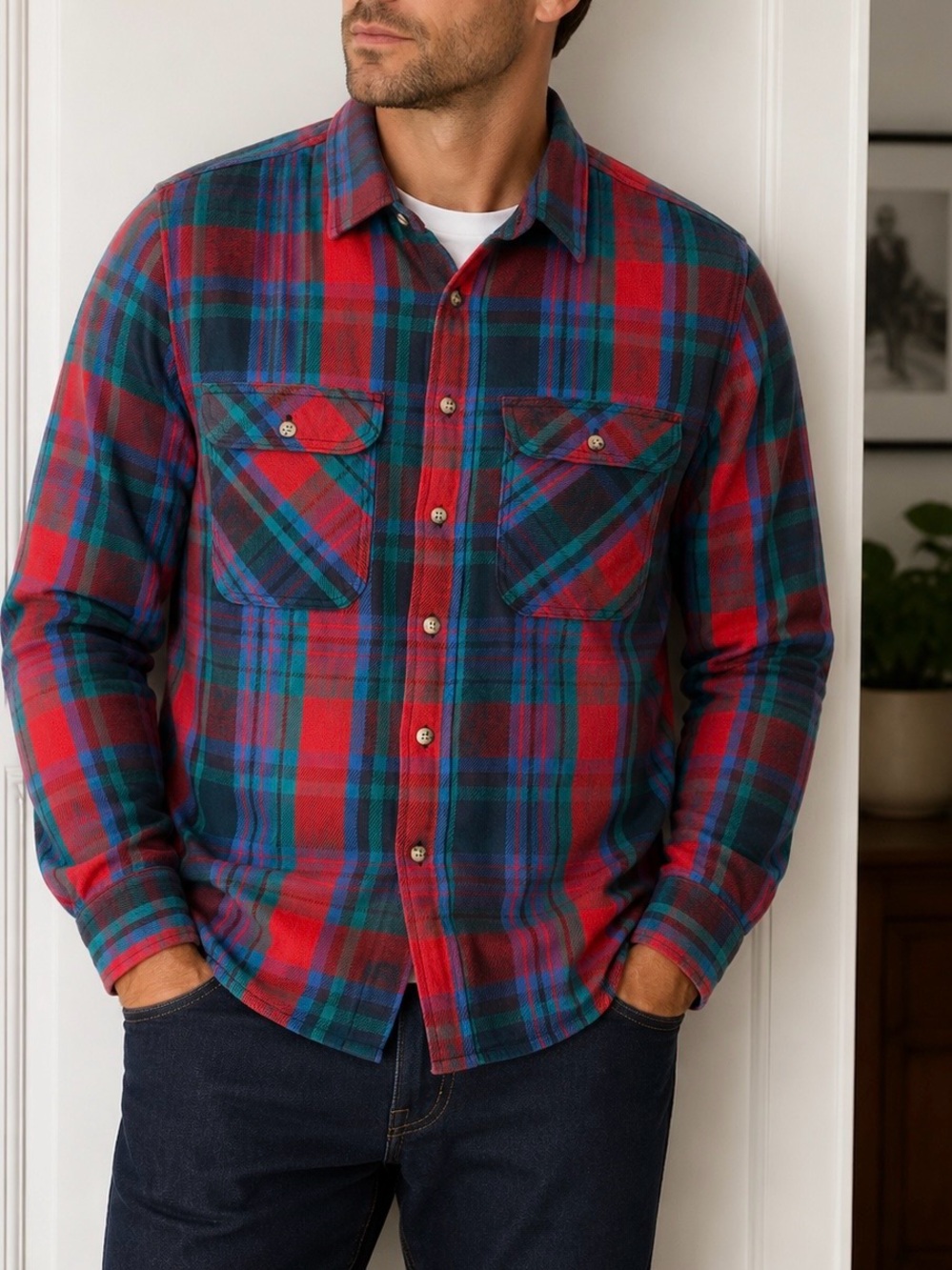 Private Property Men's Red Plaid Heavier Flannel Shirt Classic Button-Up Size M